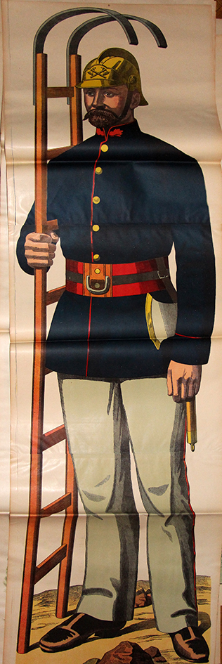 Grande planche dépliante Wissembourg Pompier Uniforme Exercice 1880