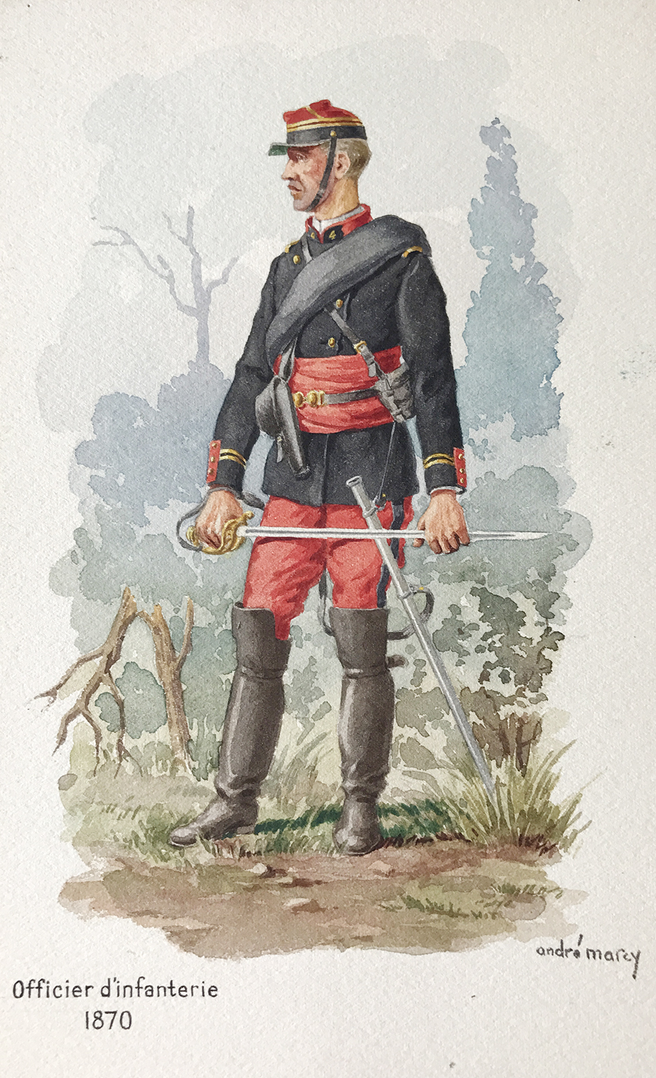 André Marcy Aquarelle militaire uniforme armée française