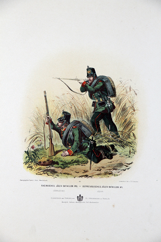 Gravure Chromolithographie XIX - Armée Prussienne - Chasseurs a pied Bataillon - Uniforme