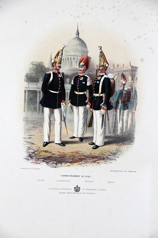 Gravure Chromolithographie XIX - Armée Prussienne - Garde Régiment à Pied - Uniforme