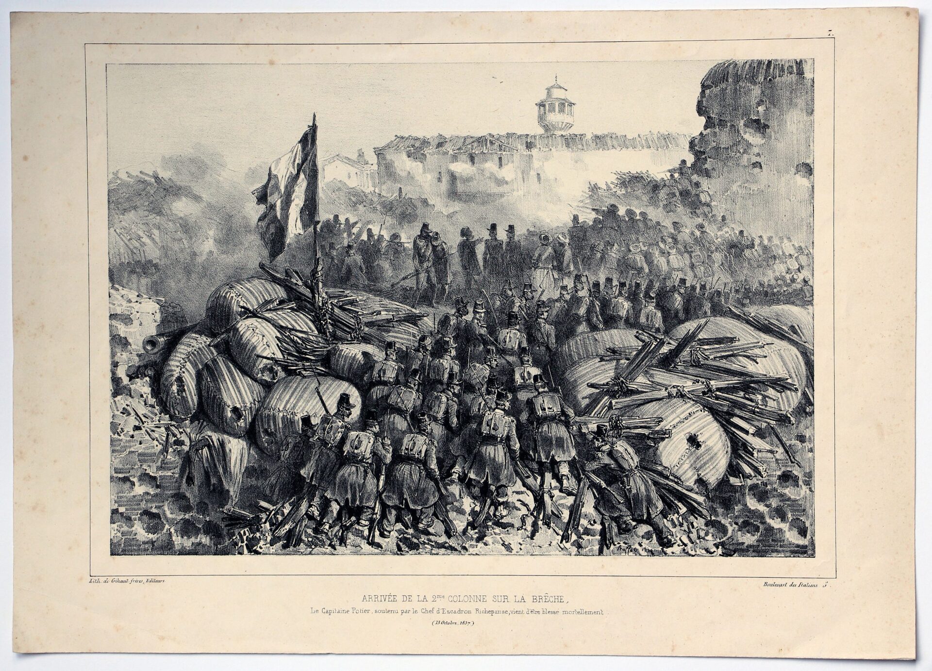 Gravure XIX - Raffet - Monarchie Juillet - Uniforme - Conquête Algérie - 2eme Colonne sur la brèche - 1837