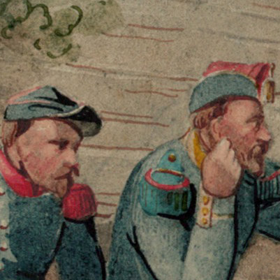 Aquarelle Dessin - Retour au village - Soldat d'infanterie et artillerie - Second Empire - Conscription - Campagne Napoléon III