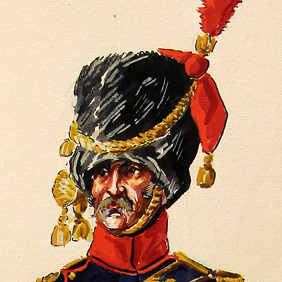 Superbe et Grande Peinture Encre et Gouache originale - Henry Boisselier - Officier d'artillerie à cheval - Camp de Dresde - 1er Empire - Napoléon 1er