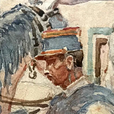 Grand Gouache Aquarelle - Soldat 1940 - Uniforme - Compagnie saharienne - Spahis à l'arrêt - Algérie - Sahara