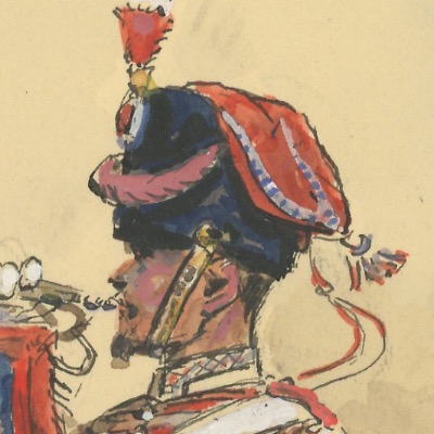 Dessin crayon rehaussé - Artillerie à Cheval de la Garde 1855 - Musicien - Second Empire - Uniforme - Aquarelle Originale - Maurice Toussait