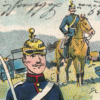 Carte Postale Illustrée - Soldat Prussien - Guerre 14/18 - Propagande - Casque à pointe - Artillerie en campagne - Manoeuvre Sierenz