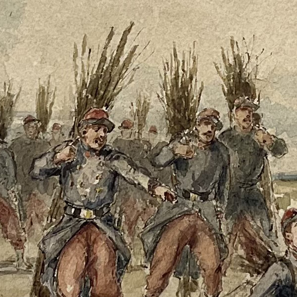 Dessin original rehaussé - Louis Emile BENASSIT - Campement 1871 - Guerre de 1870 - Aux fagots de bois